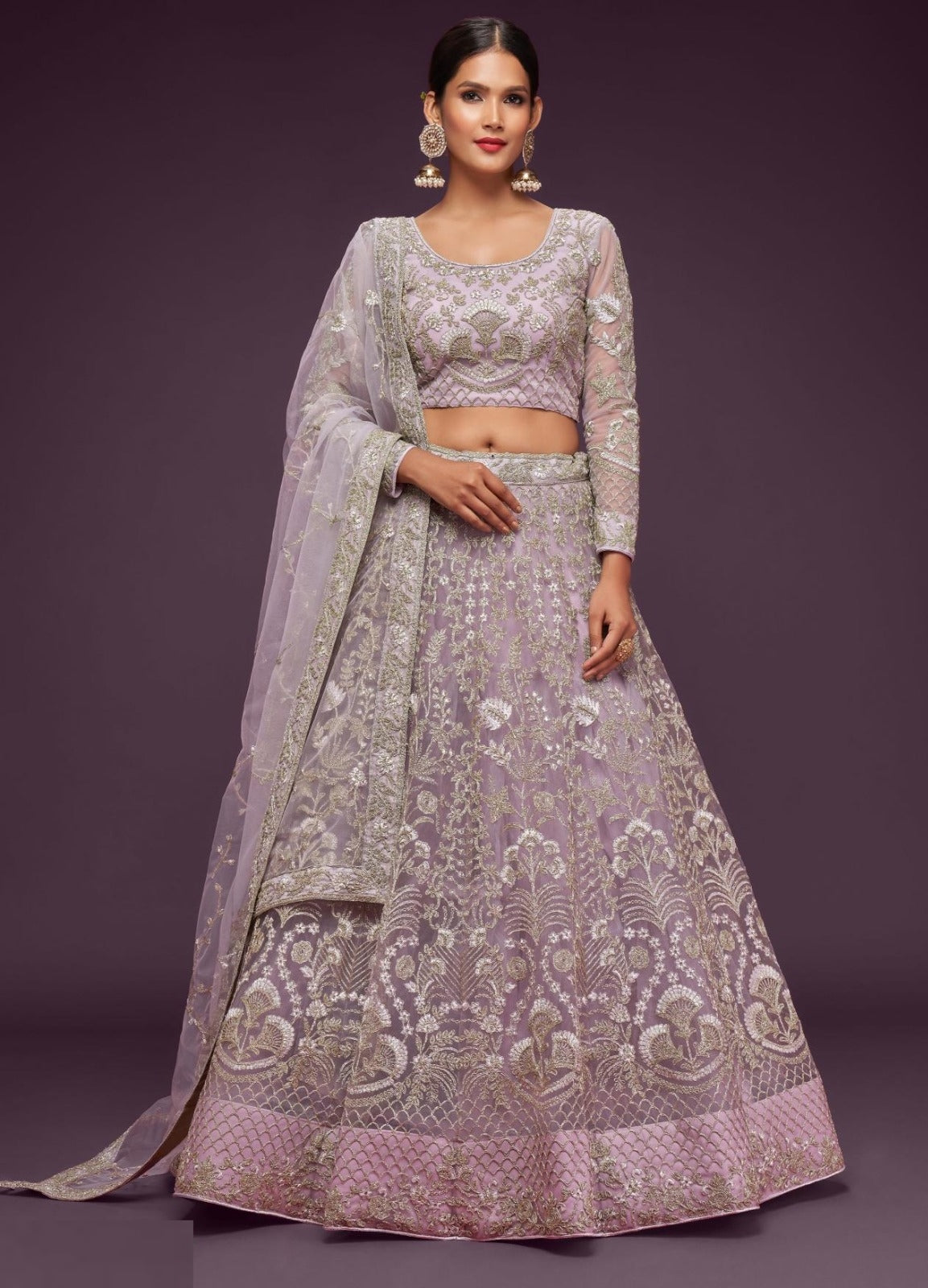 Tailored Lilac Soft Net Thread Zari Embroidery Work Reception Lehenga