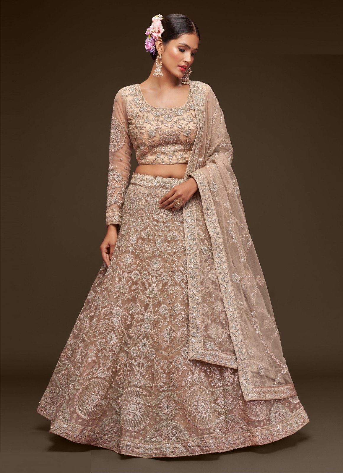 Polished Peach Soft Net Thread Zari Embroidery Work Reception Lehenga
