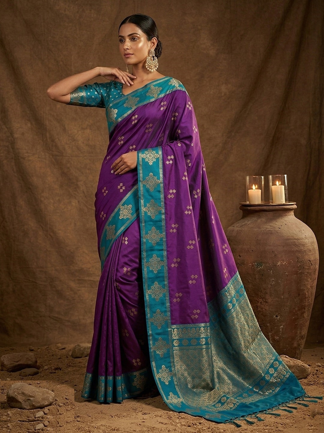 Women Purple And Blue Silk Traditional Saree