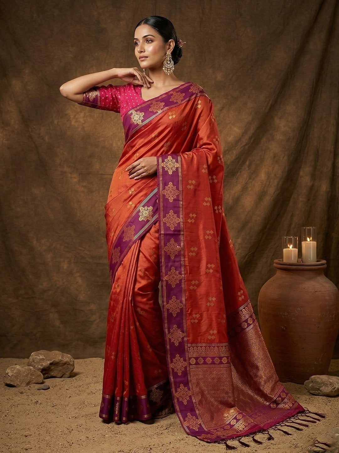 Women Rust And Pink Silk Traditional Saree