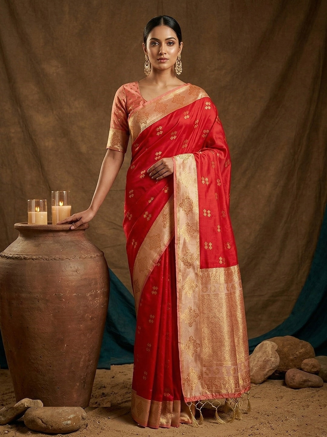 Women Red Silk Traditional Saree