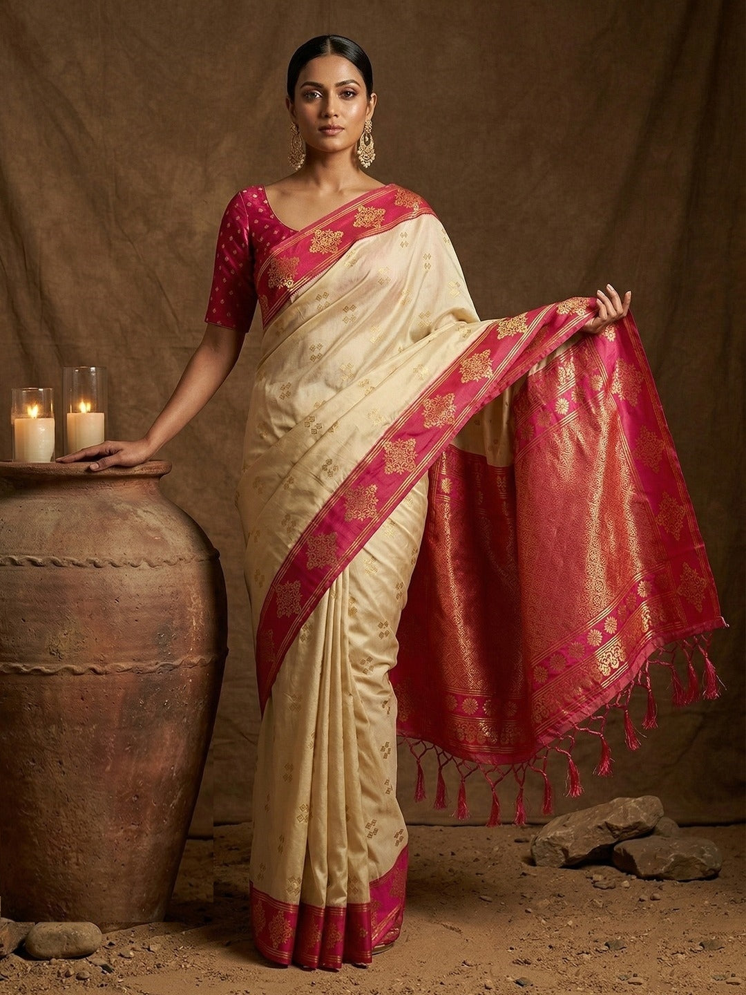 Women Off White And Pink Silk Traditional Saree