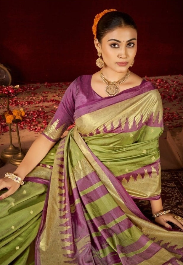 Women Green And Purple Silk Soft Silk Saree