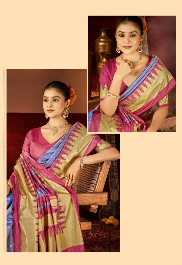Women Blue And Pink Silk Soft Silk Saree