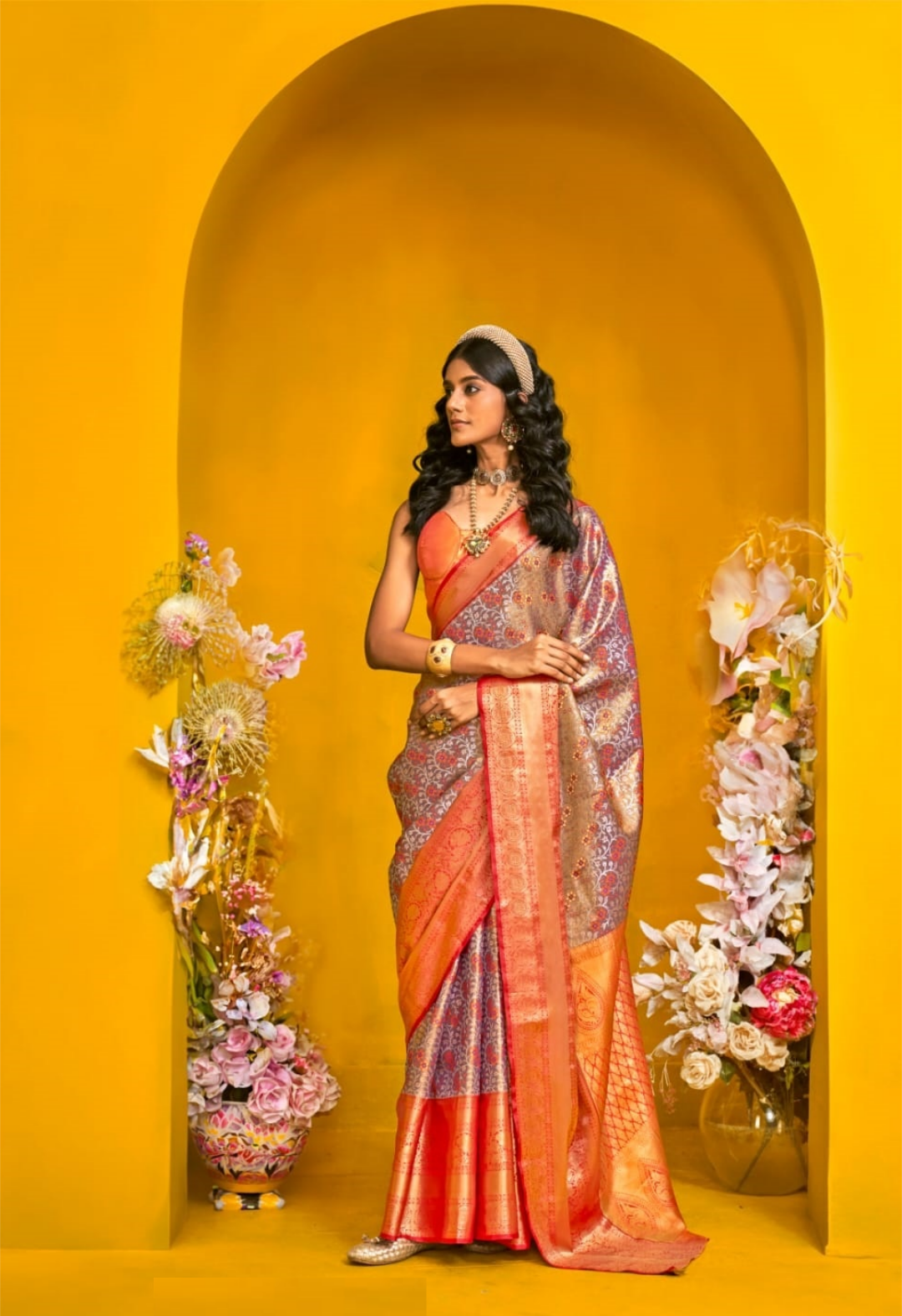 Women Red And Purple Silk Traditional Saree