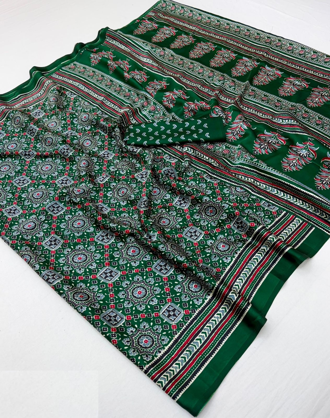 Women Dark Green Satin Ajrakh Print Traditional Saree
