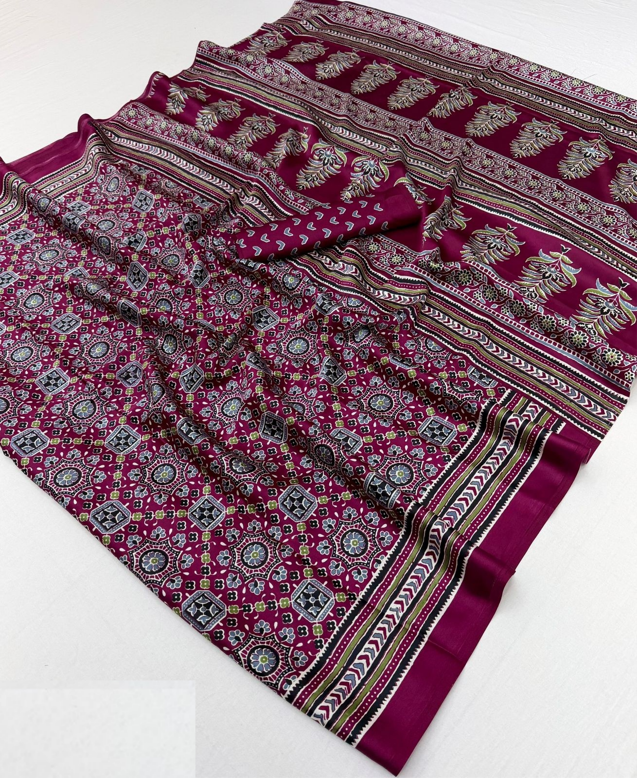 Women Purple Satin Ajrakh Print Traditional Saree