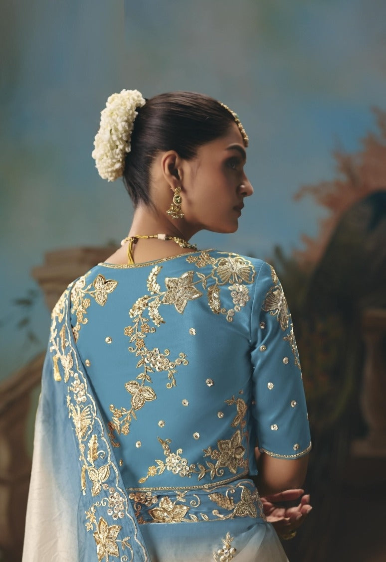 Sophisticated Blue And White Tissue Silk Embroidery Saree