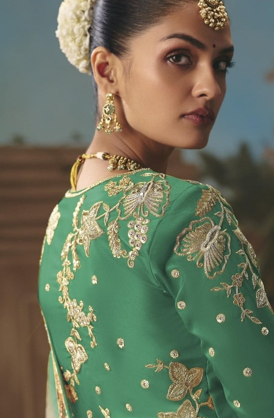 Tailored Sea Green And White Tissue Silk Embroidery Saree