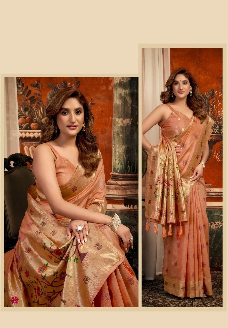 Women Peach Tissue Paithani Silk Saree