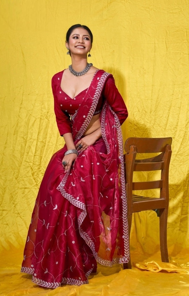 Women Maroon Burberry Zari With Sequins Embroidery Work Silk Saree