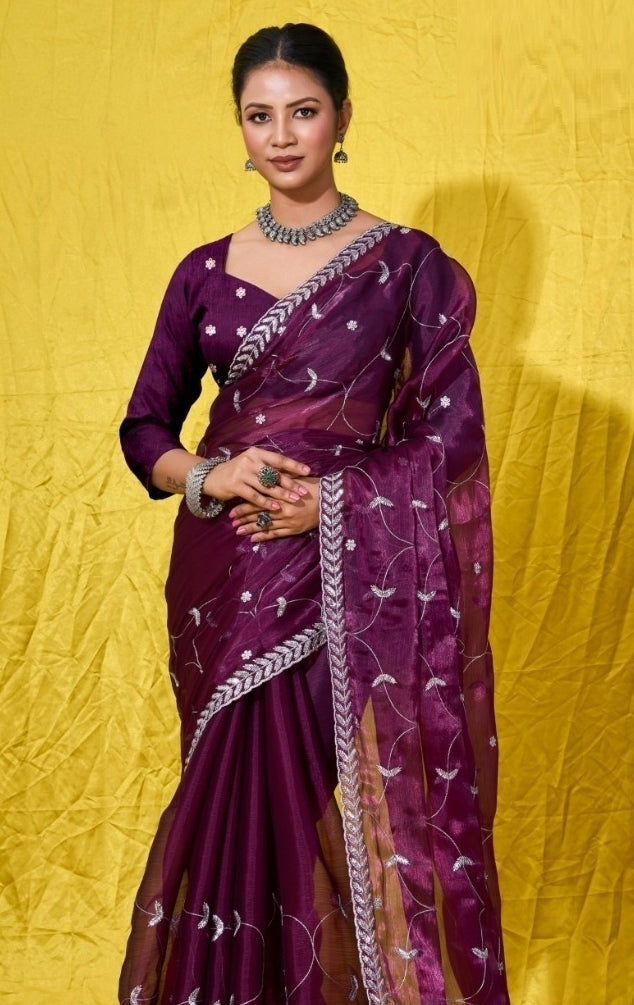 Women Purple Burberry Zari With Sequins Embroidery Work Silk Saree