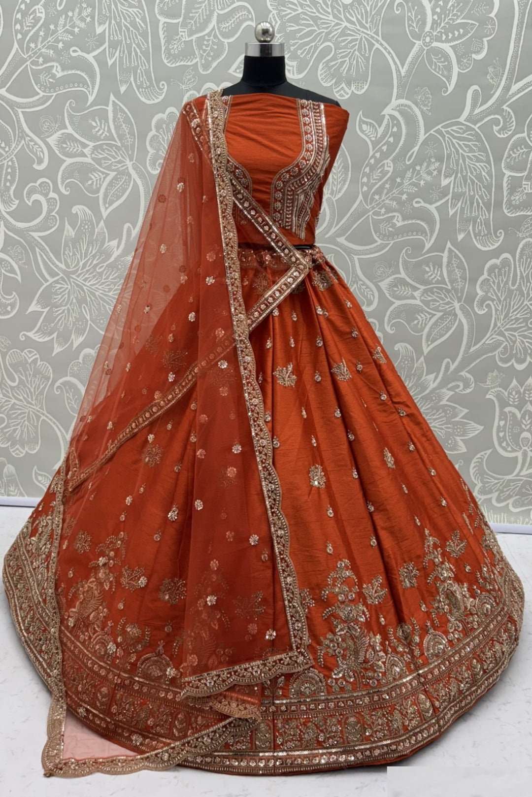 Immaculate Rust Gadhwal Silk Thread Embroidery Sequins Work Lehengas With Double Dupatta