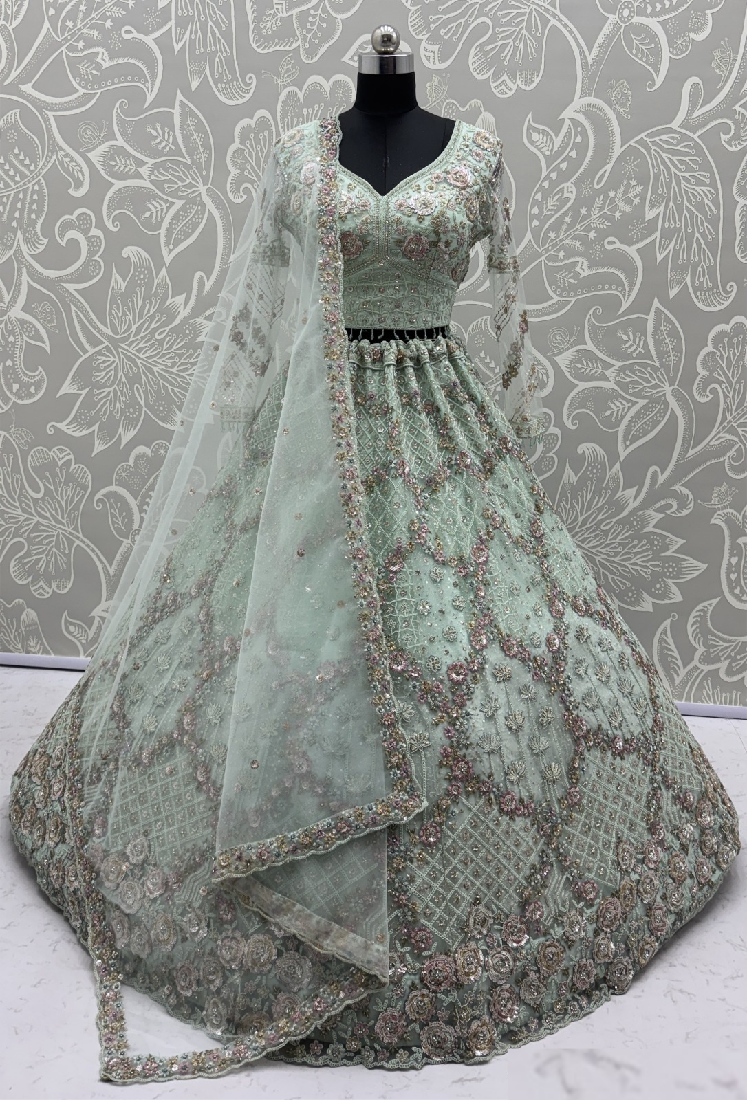 Breathtaking Sea Green Net Multi Thread Embroidery Sequins Zicorn Diamond Work Bridal Lehenga