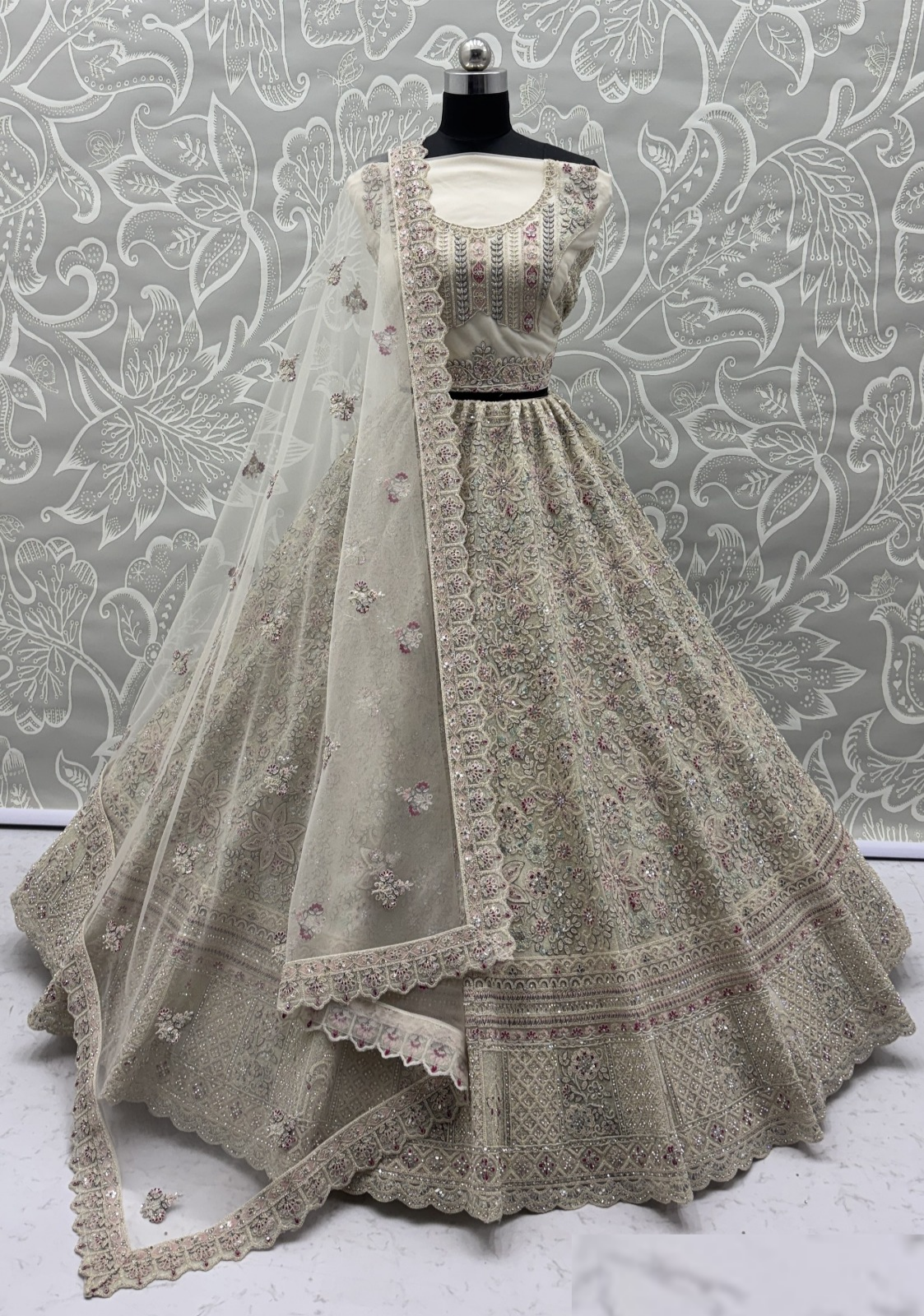 Alluring Cream Net Multi Thread Embroidery Sequins Zicorn Diamond Work Bridal Lehenga
