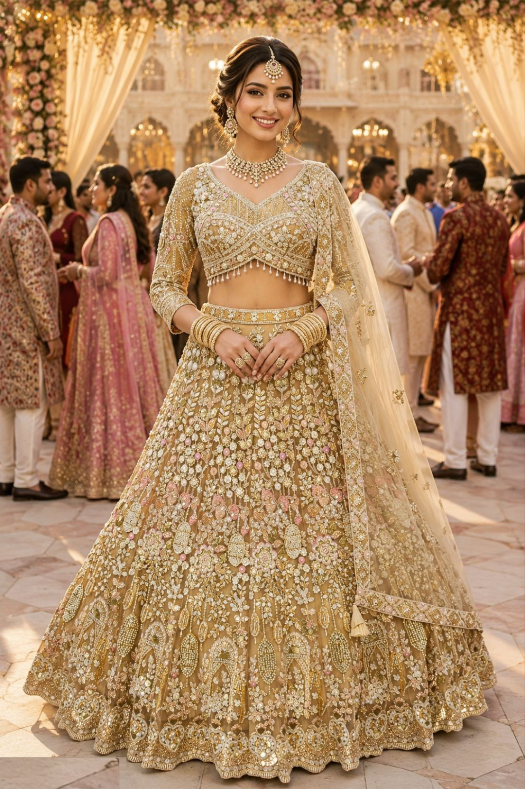 Sleek Beige Net With Thread Embroidery Work Bridal Lehenga