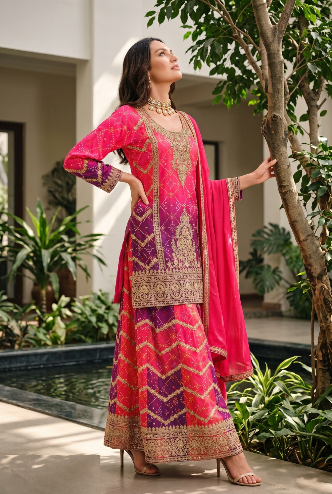 Flattering Pink Heavy Chinon Farshi Salwar Set