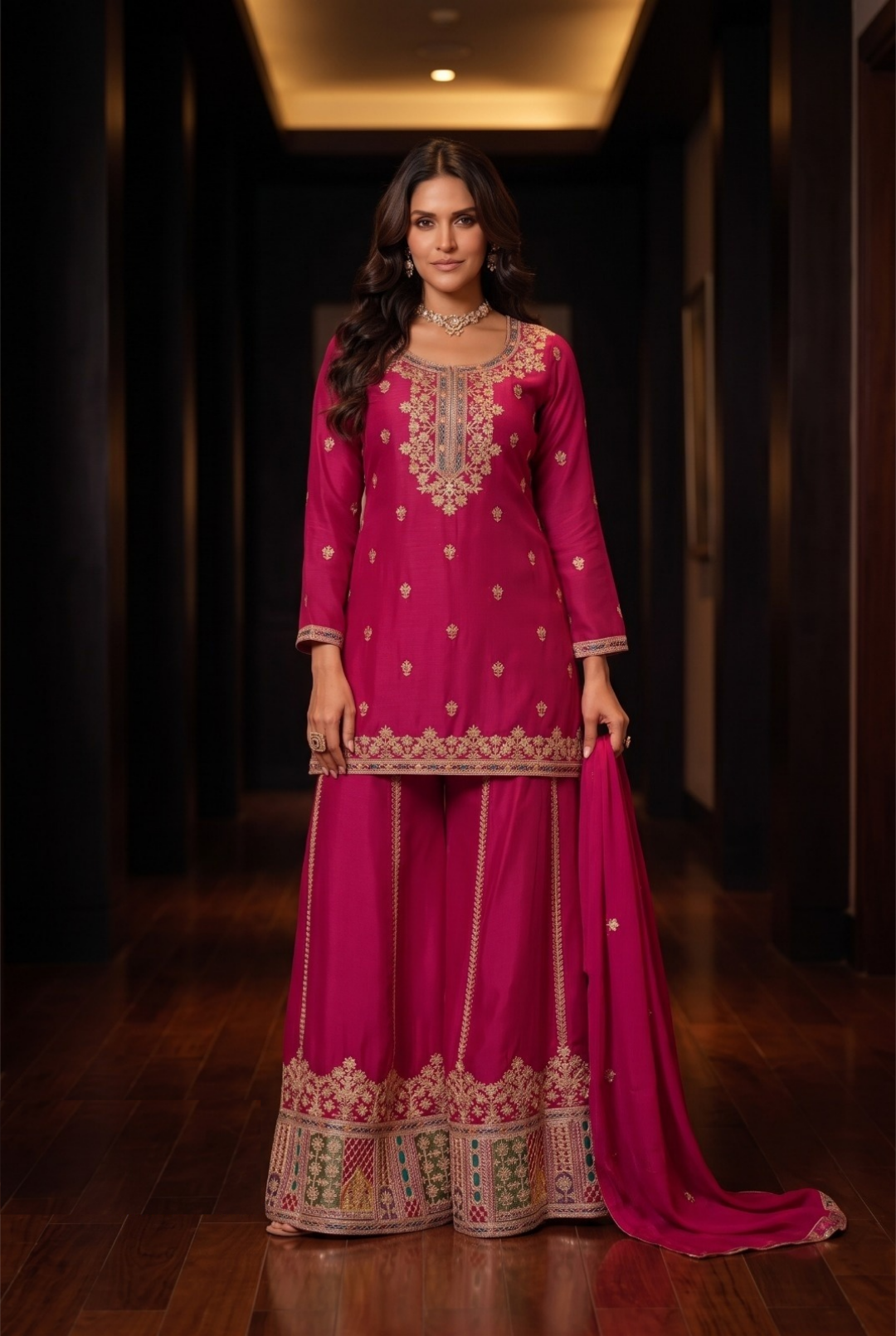 Enchanting Pink Chinon Palazzo Bottom Suit Set