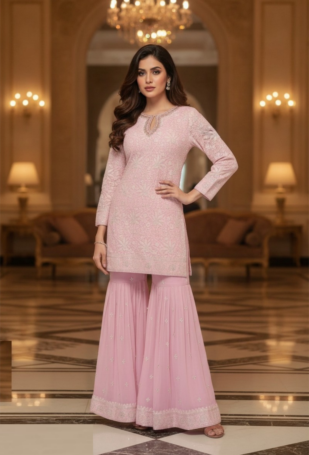 Immaculate Light Pink Georgette Palazzo Bottom Suit Set