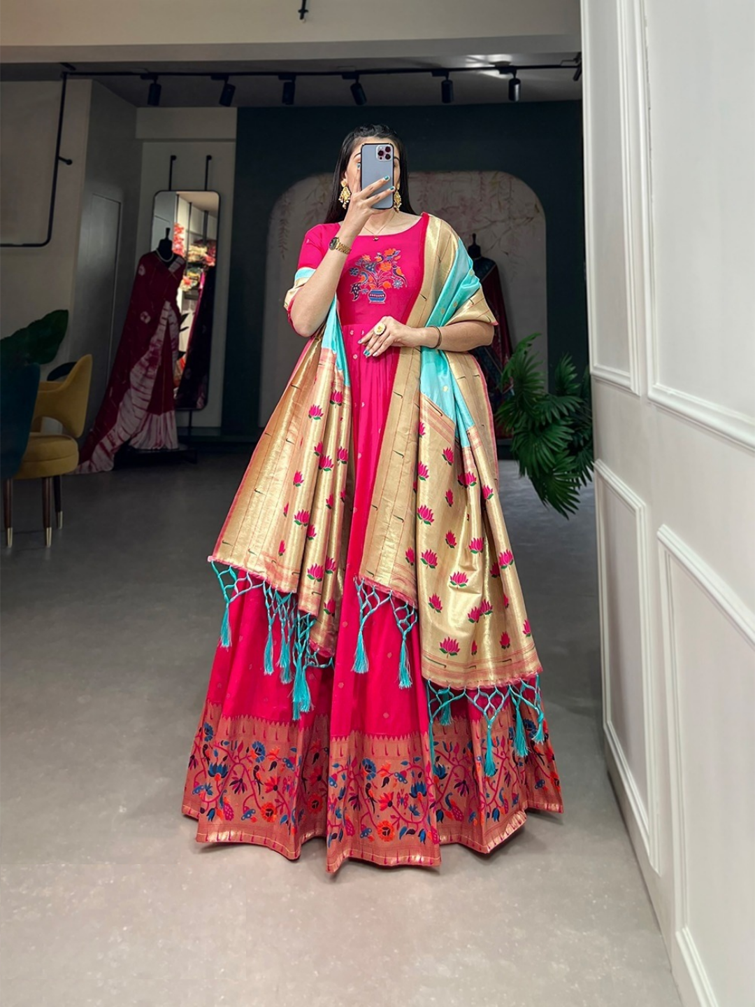 Alluring Pink acquard Silk Gown With Dupatta