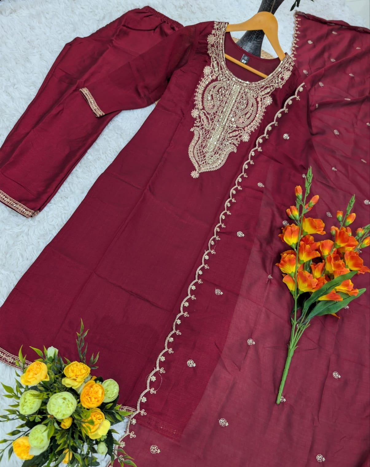 Lovely Maroon Vichitra Silk With Sequins Coding Embroidery Work Pant Bottom Suit Set