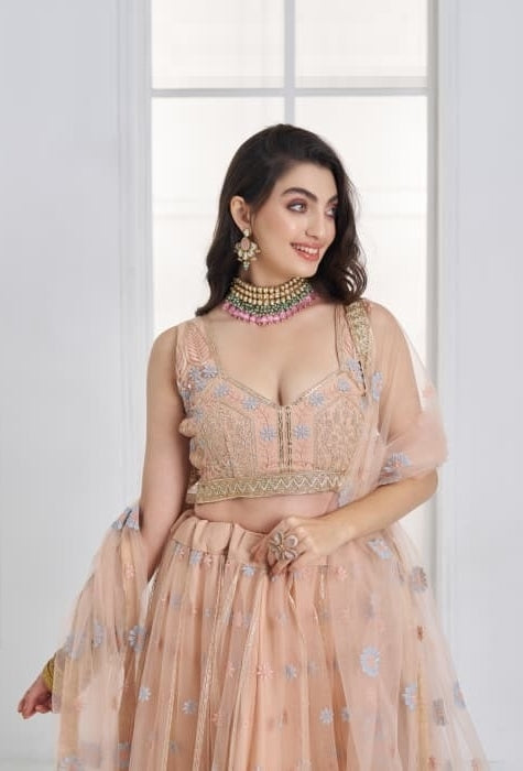 Women Peach Net With Embroidery Work Stylish Lehenga