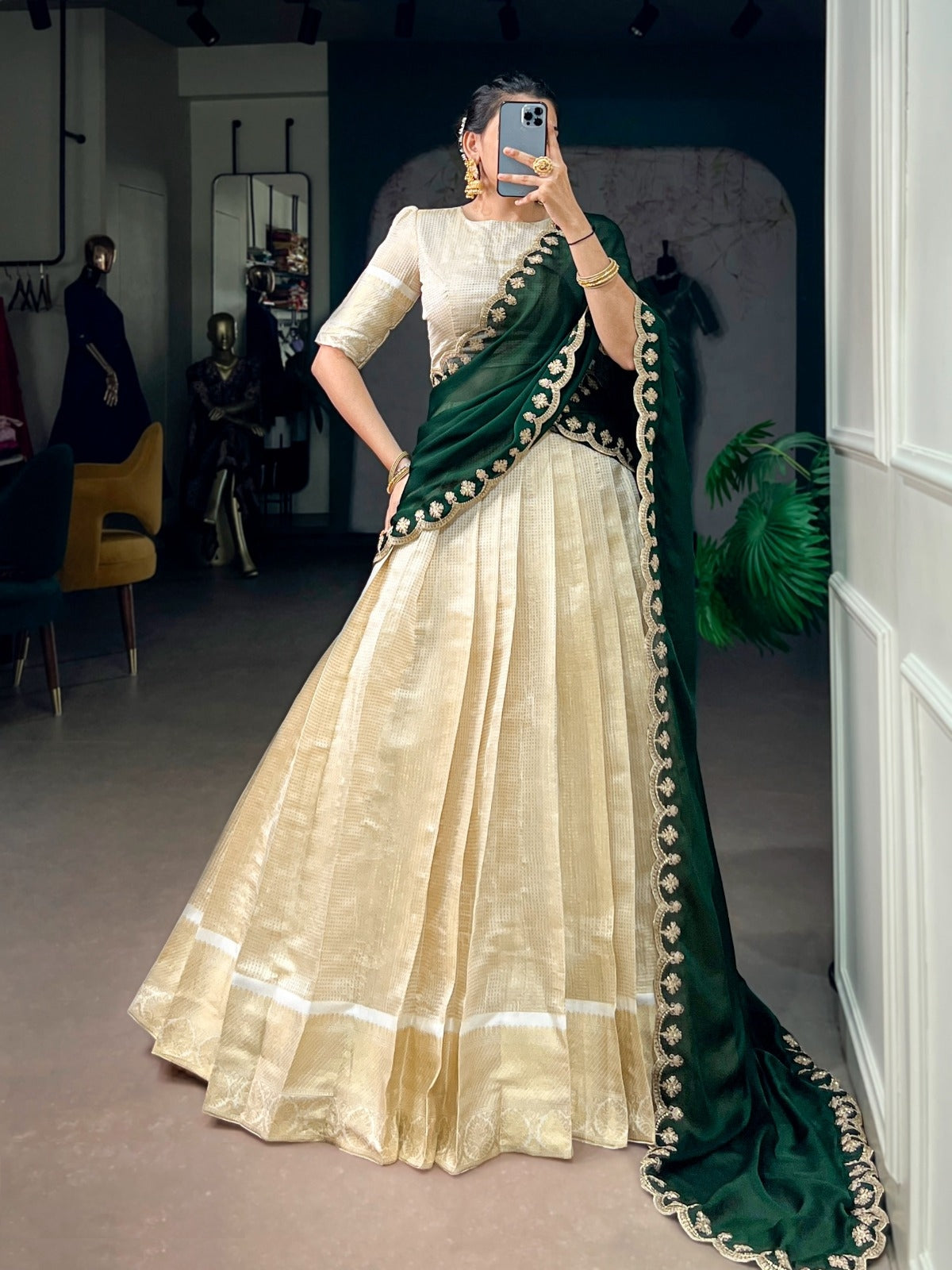 Women Light Beige And Green Jacquard Traditional Lehenga