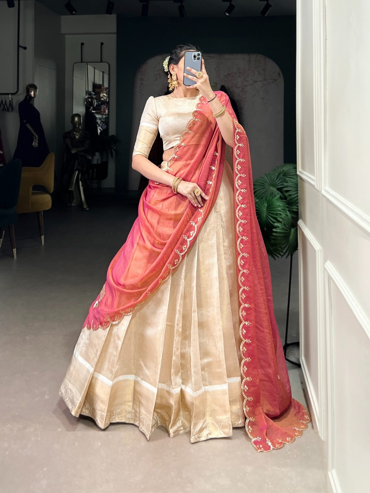 Women Light Beige And Pink Jacquard Traditional Lehenga