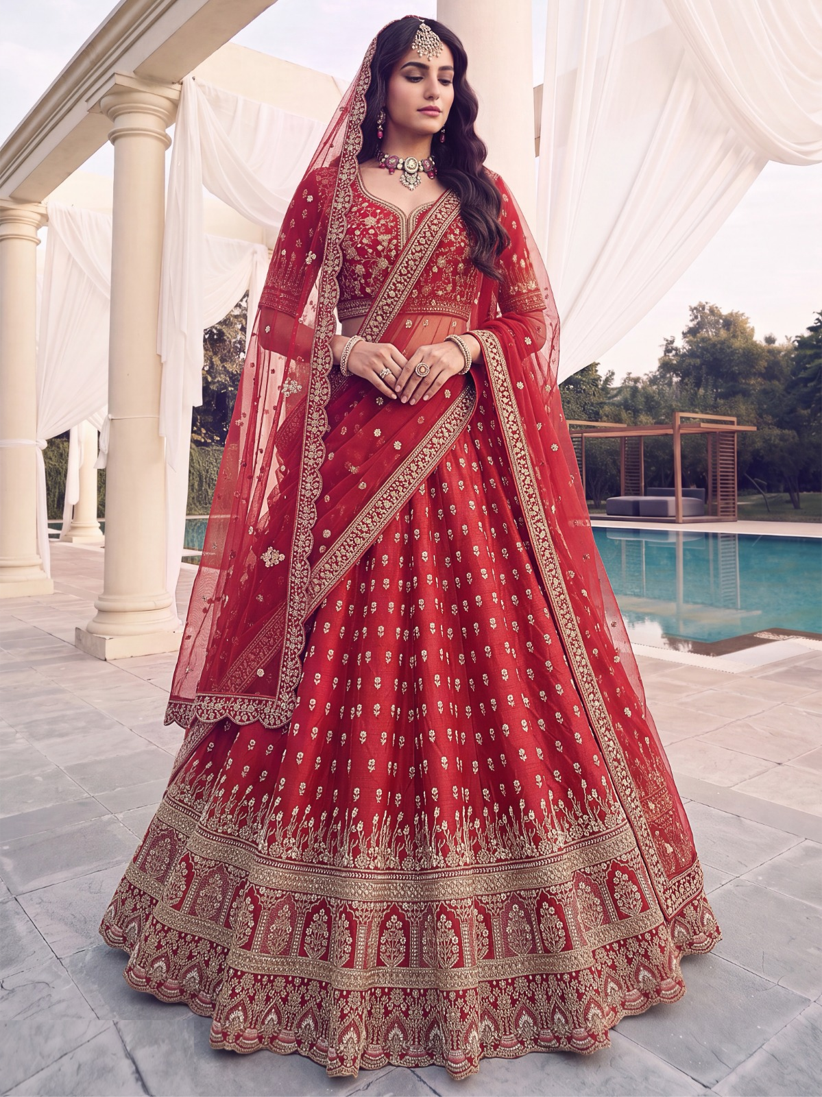 Gleaming Maroon Silk Zari Embroidery Sequins Work Bridal Lehenga
