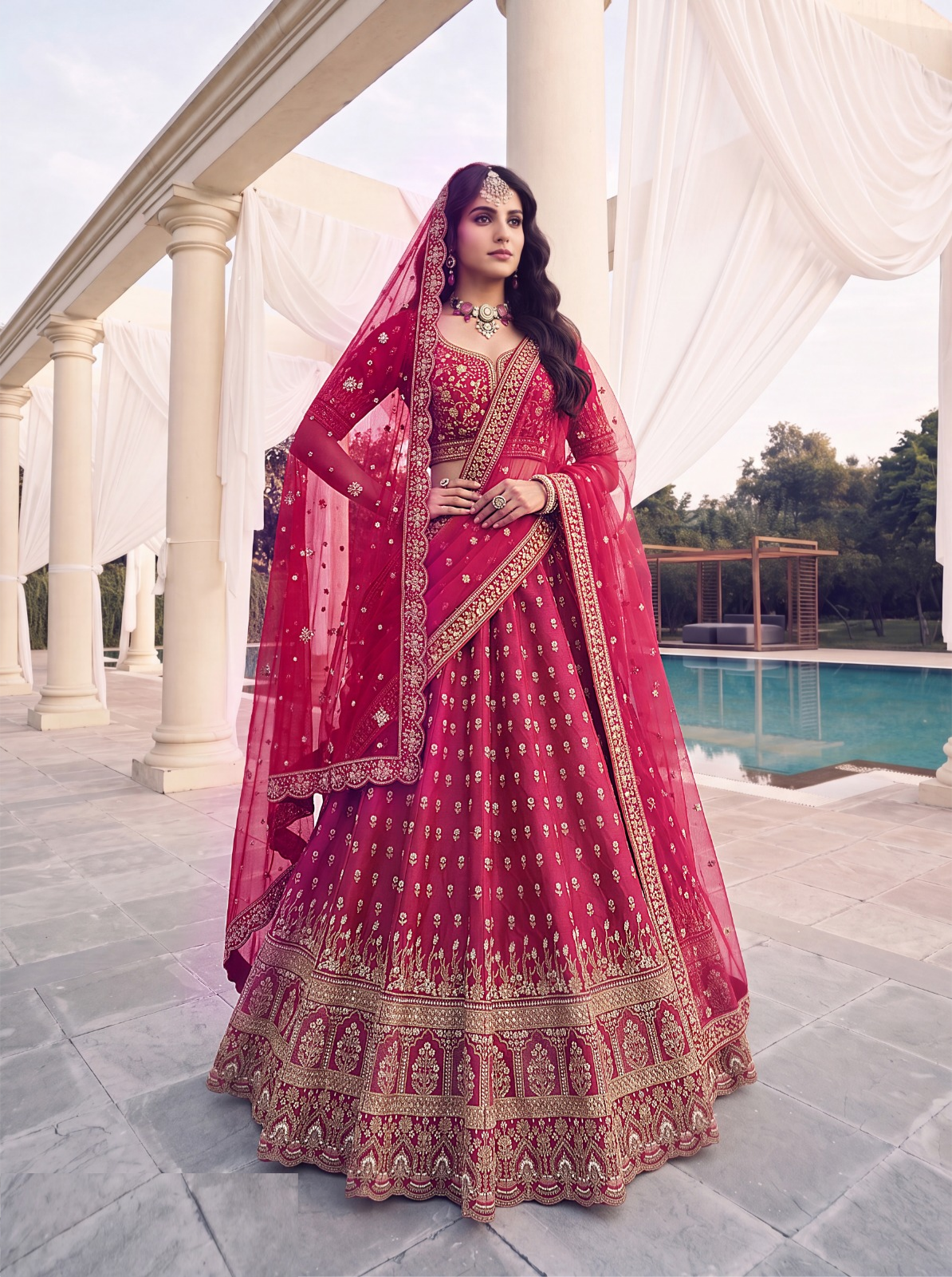 Opalescent Pink Silk Zari Embroidery Sequins Work Bridal Lehenga
