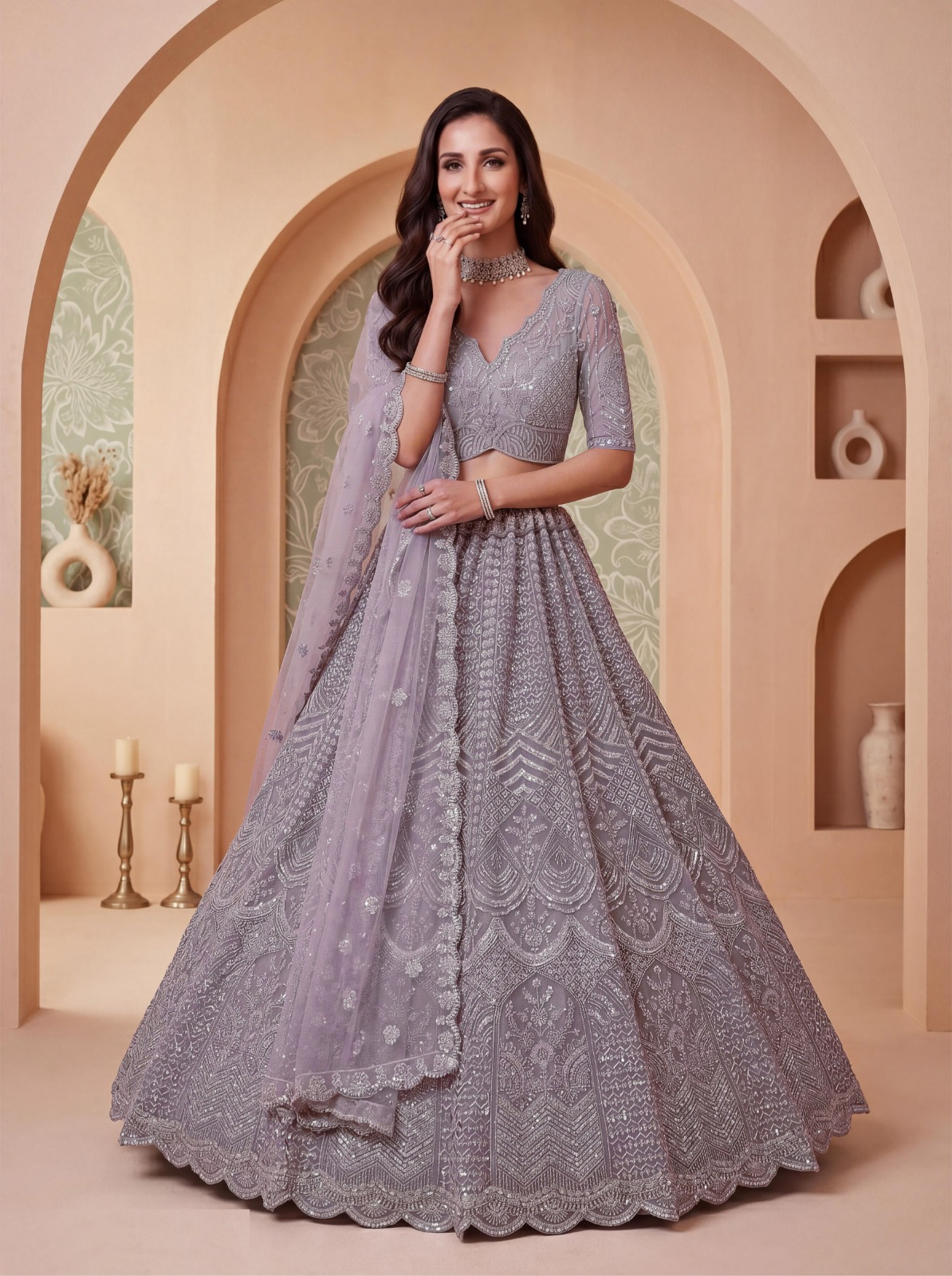 Immaculate Grey Silk Zari Embroidery Sequins Work Bridal Lehenga
