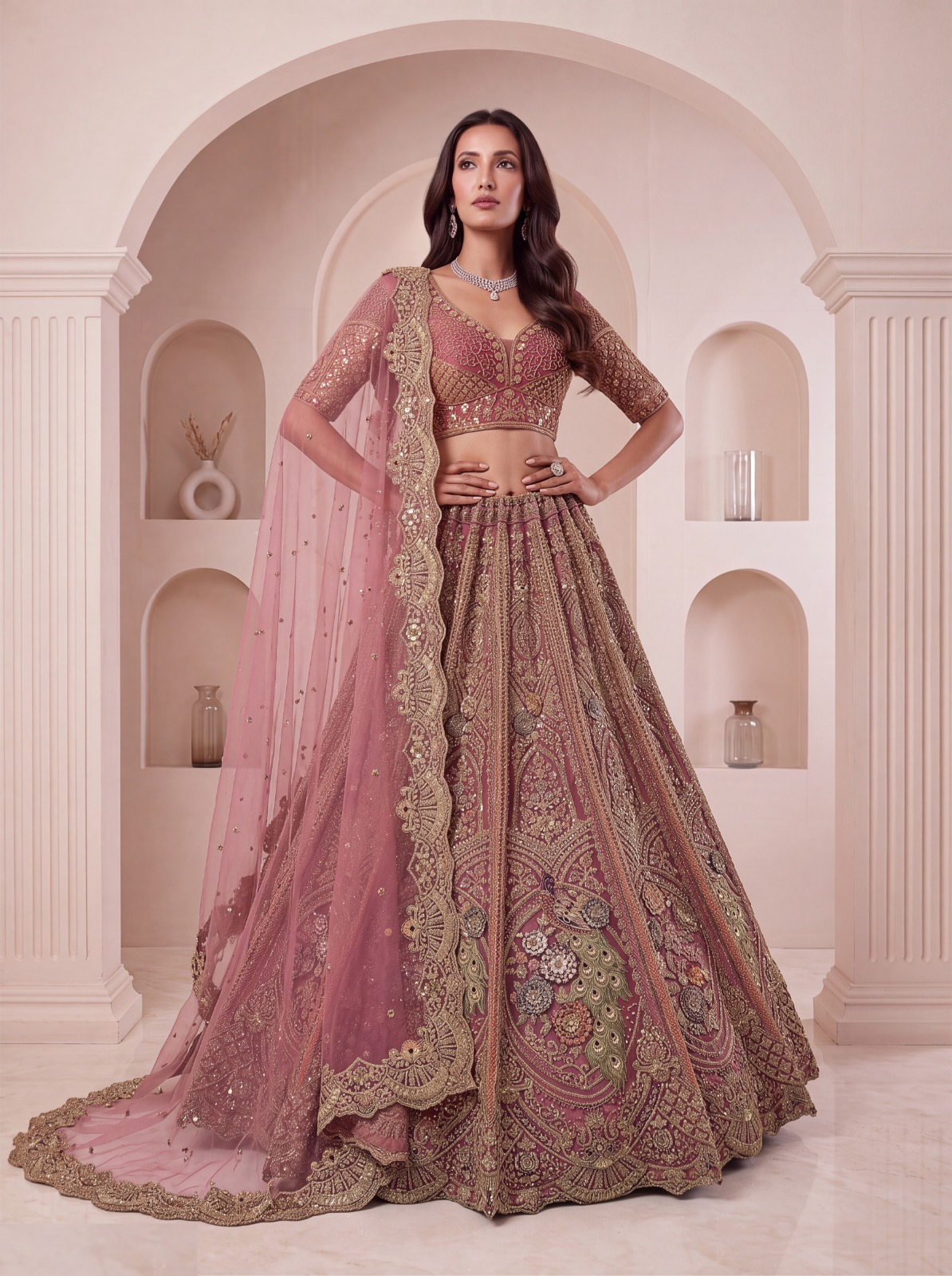 Effortless Mauve Net Embroidery Sequins Work Bridal Lehenga