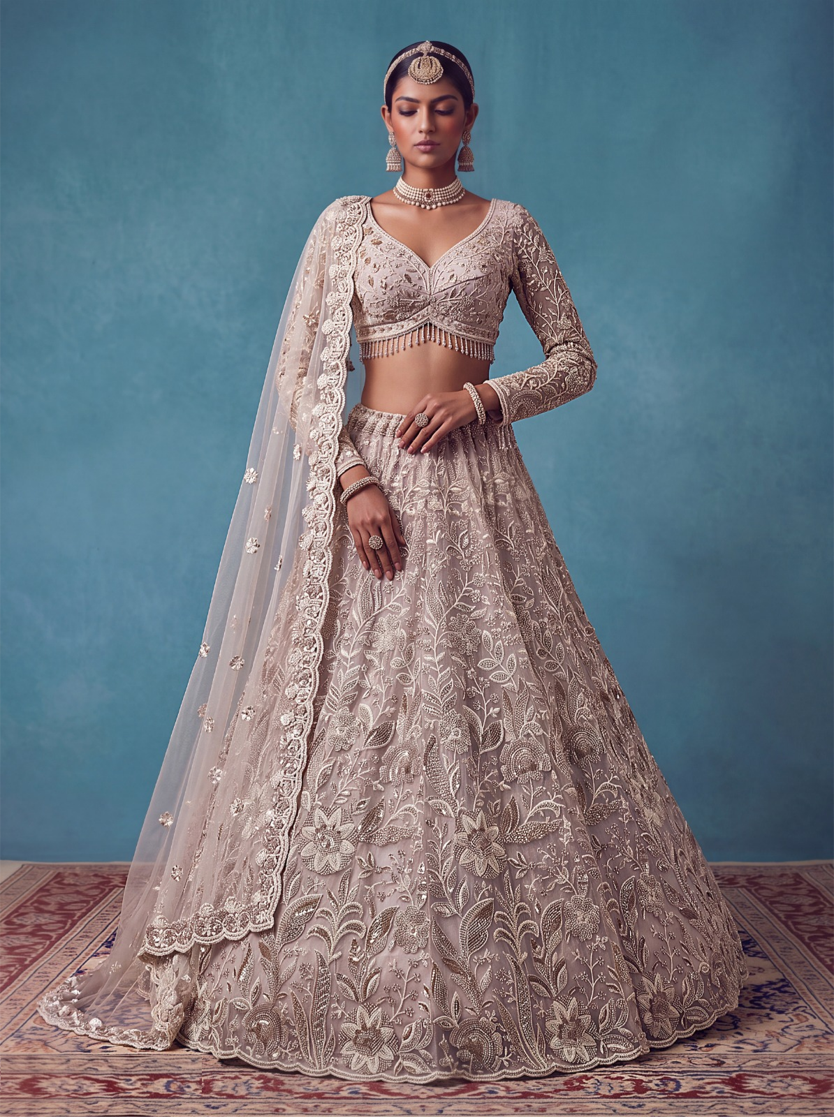 Sublime Off White Net Embroidery Sequins Work Bridal Lehenga