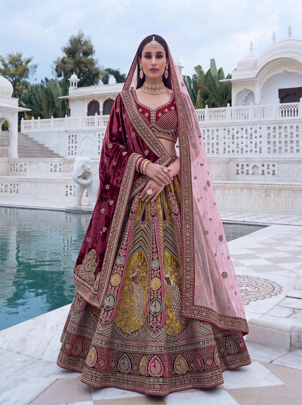 Tailored-To-Perfection Burgundy Velvet Embroidery Sequins Work Bridal Lehenga