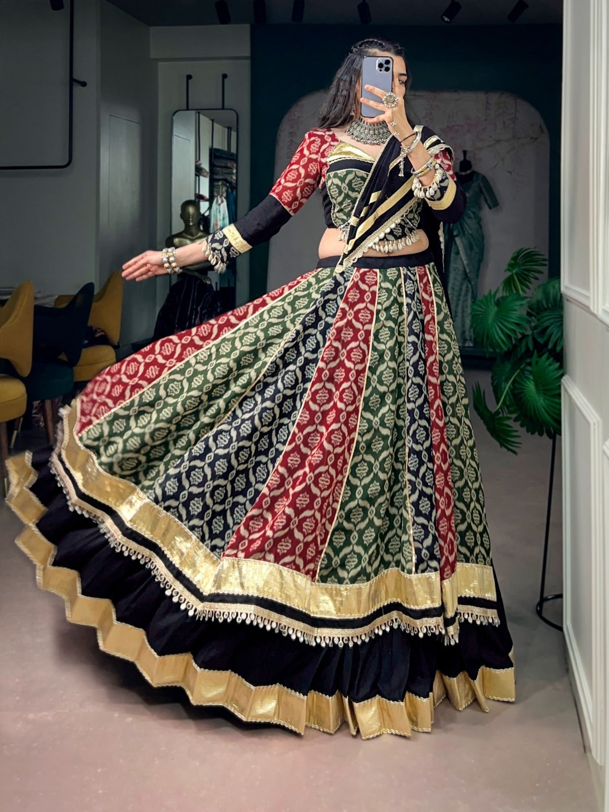 Women Black Multi Pure Rayon Navratri Special Lehenga