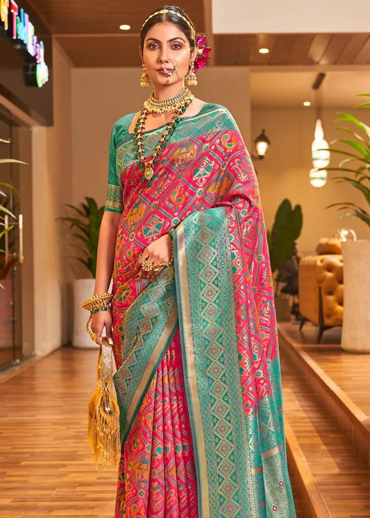 Women Pink And Rama Green Silk Saree