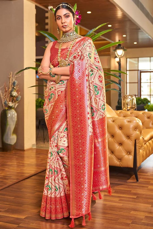 Women Off White And Red Silk Saree
