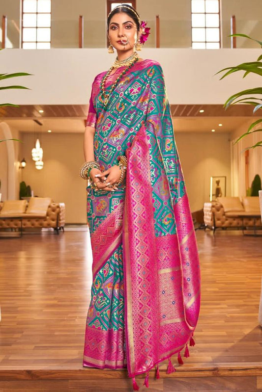 Women Teal And Pink Silk Saree