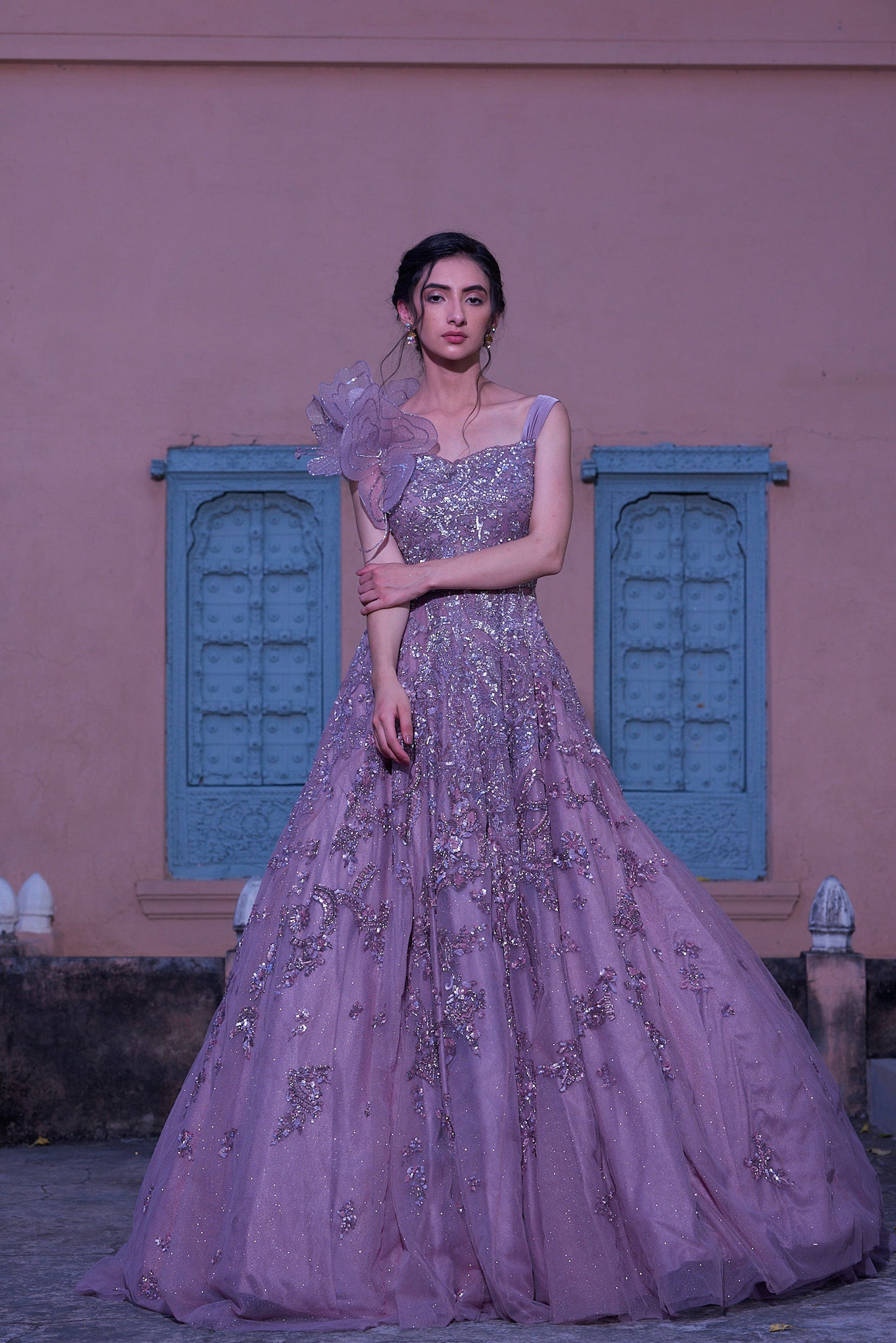 Splendid Lavender Custom Partywear Gown with Floral Appliqu
