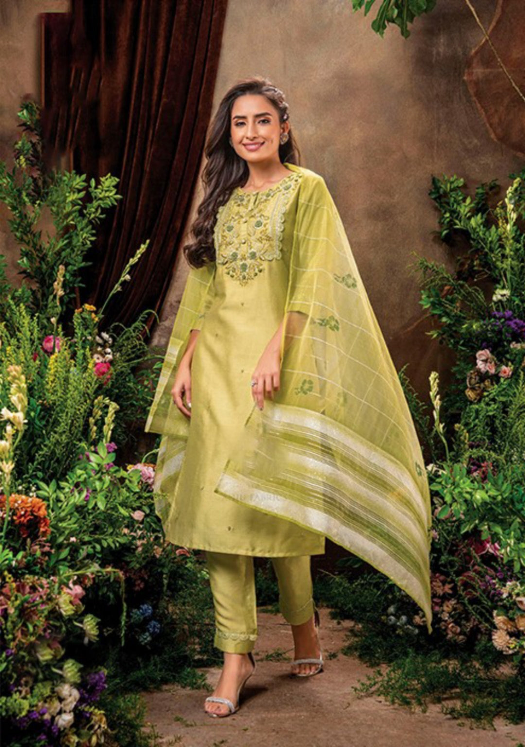 Women Pista Green Embroidery Kurta Trouser With Dupatta