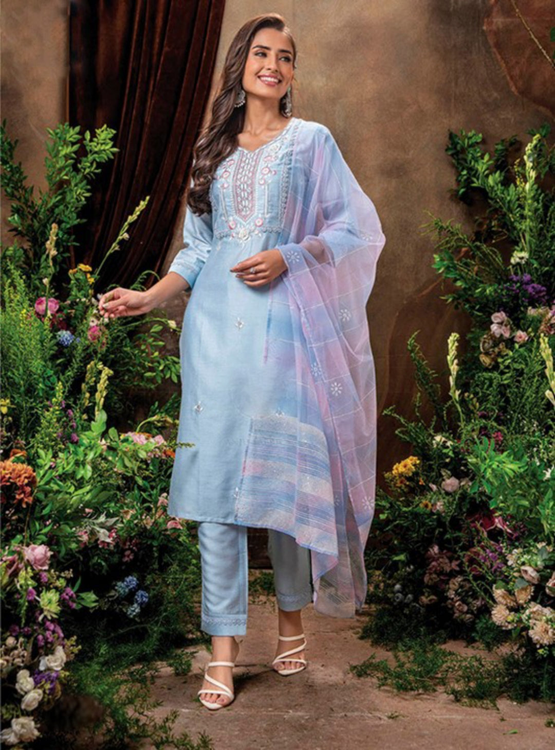 Women Light Blue Viscose Embroidery Kurta Trouser With Dupatta
