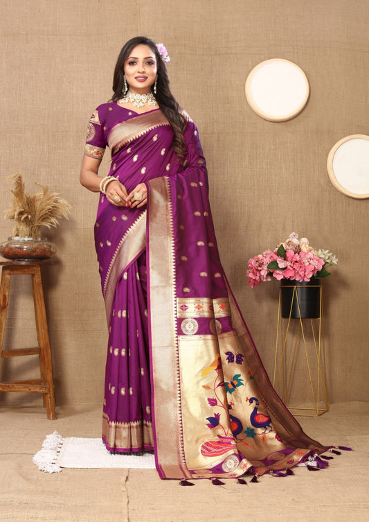 Beautiful purple Paithani Soft Silk Saree