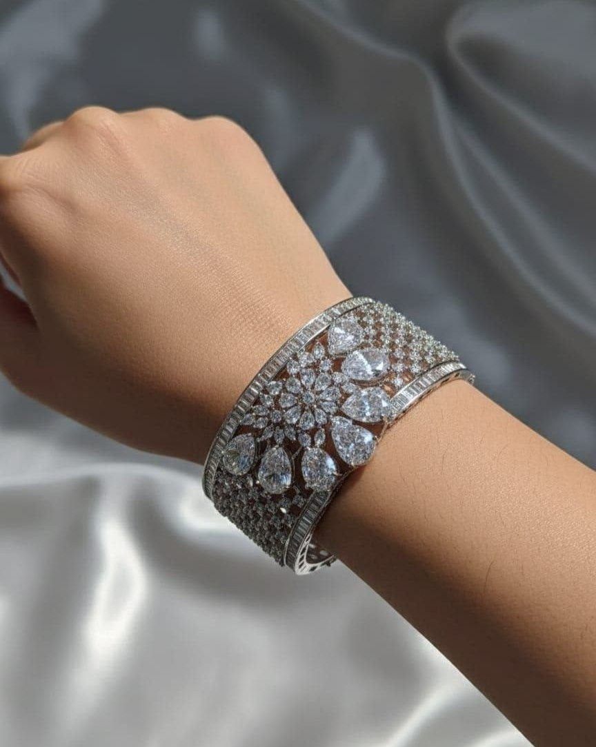 Rhodium Plated Cubic Zirconia Studded Broad Cuff Bracelet