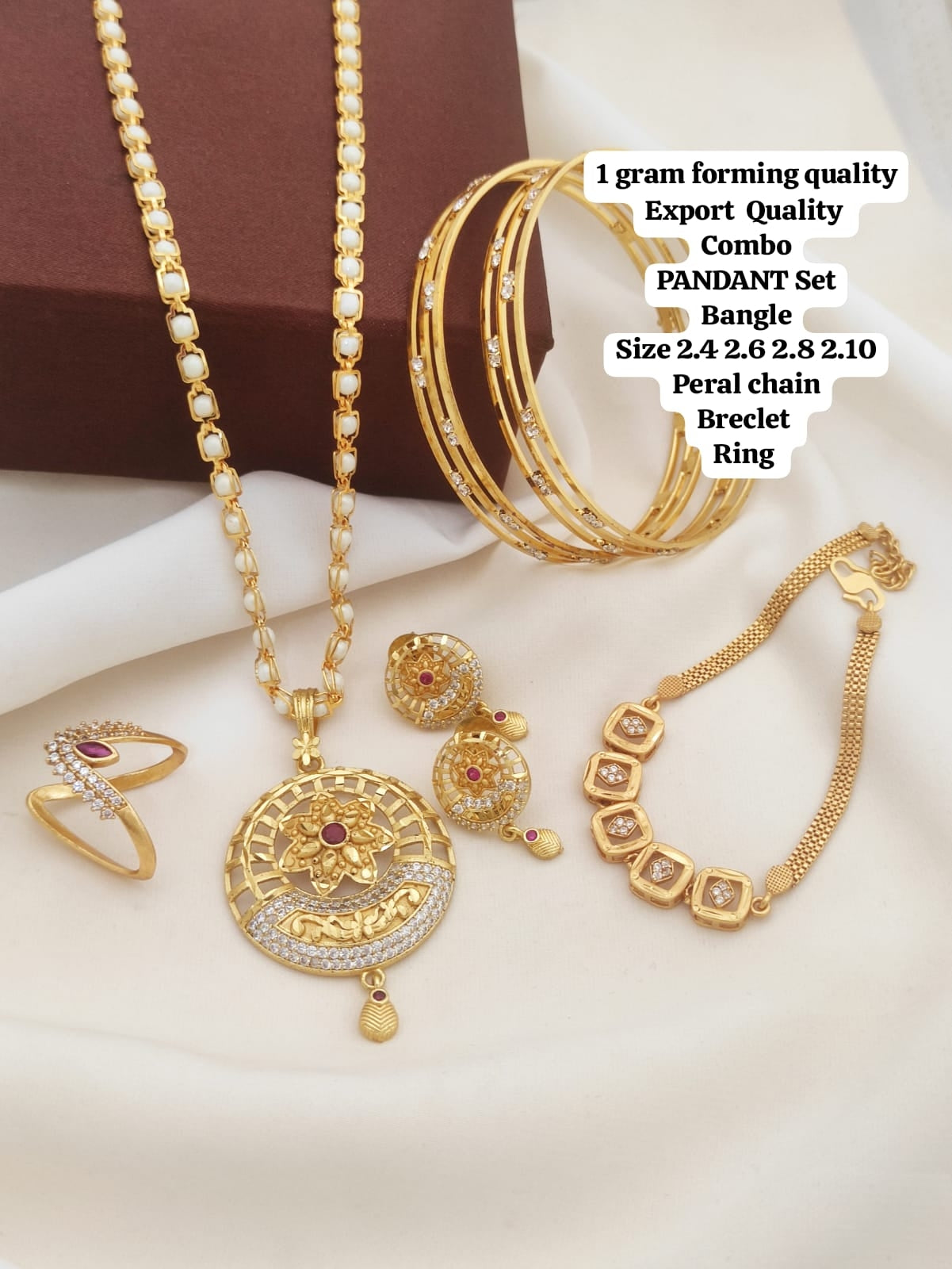 Vintage Gold Forming Combo Sets That Include A Pendant With A Matching Chain, Earrings, Bangles, And A Bracelet