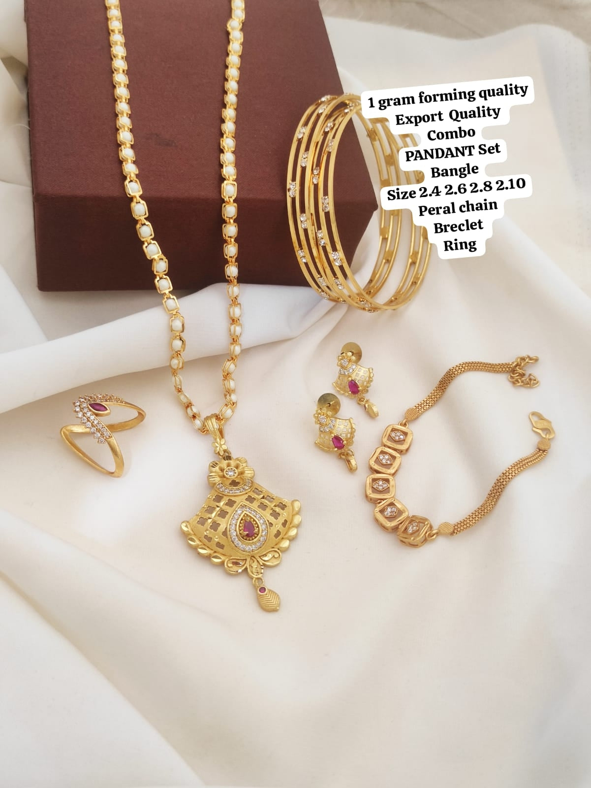 Delicate Gold Forming Combo Sets That Include A Pendant With A Matching Chain, Earrings, Bangles, And A Bracelet