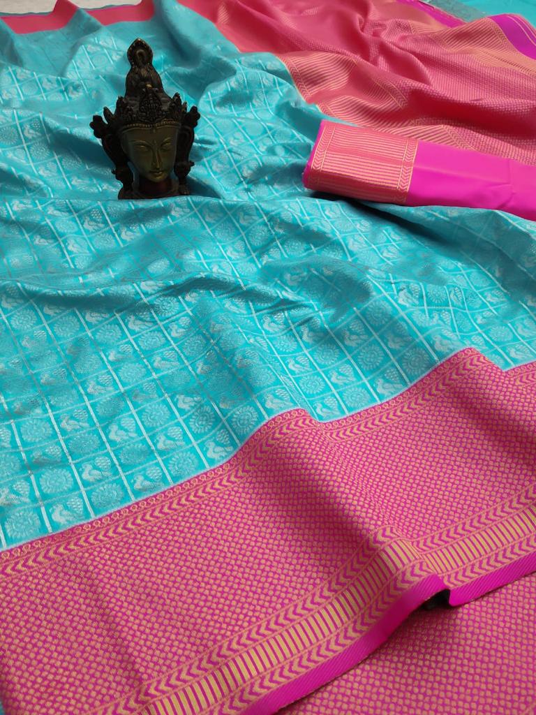 Women Blue And Pink Kanjivaram Soft Silk   Saree