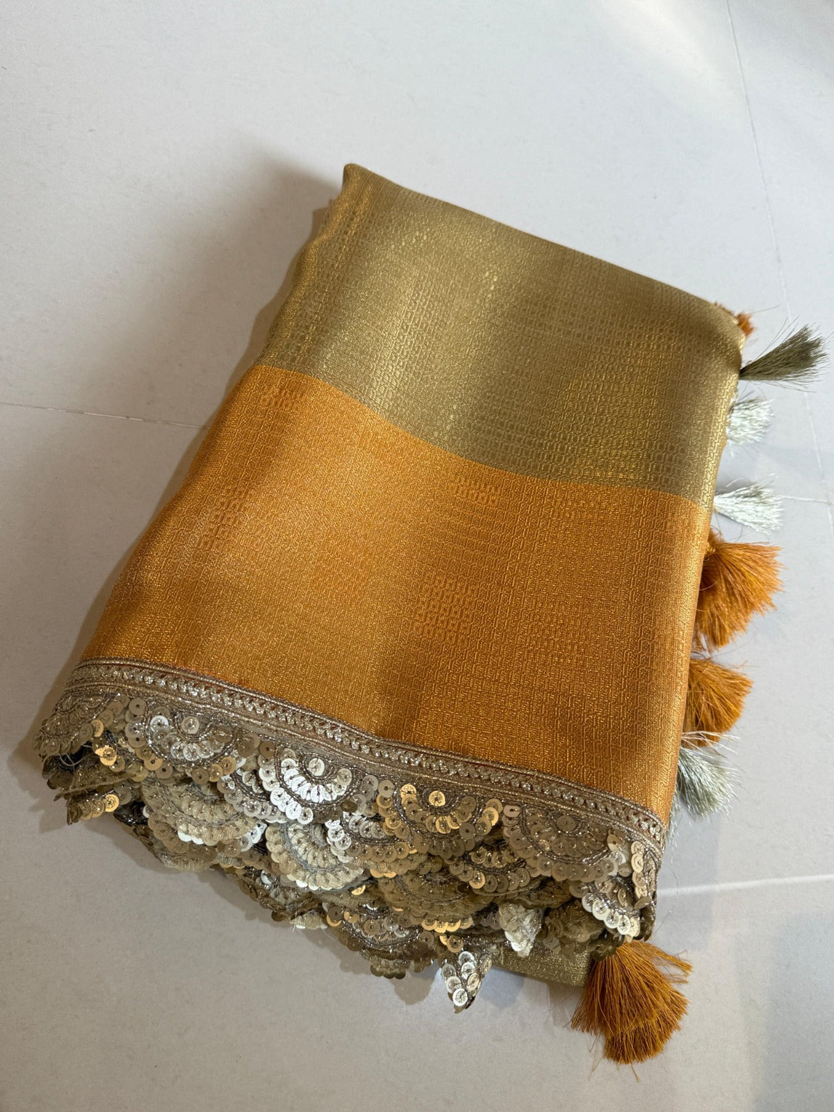 Gleaming Gold And Orange Banarasi Zari Tanchui Kanchipuram Soft Silk Saree