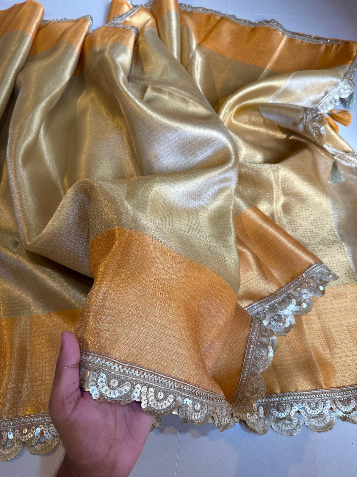 Gleaming Gold And Orange Banarasi Zari Tanchui Kanchipuram Soft Silk Saree