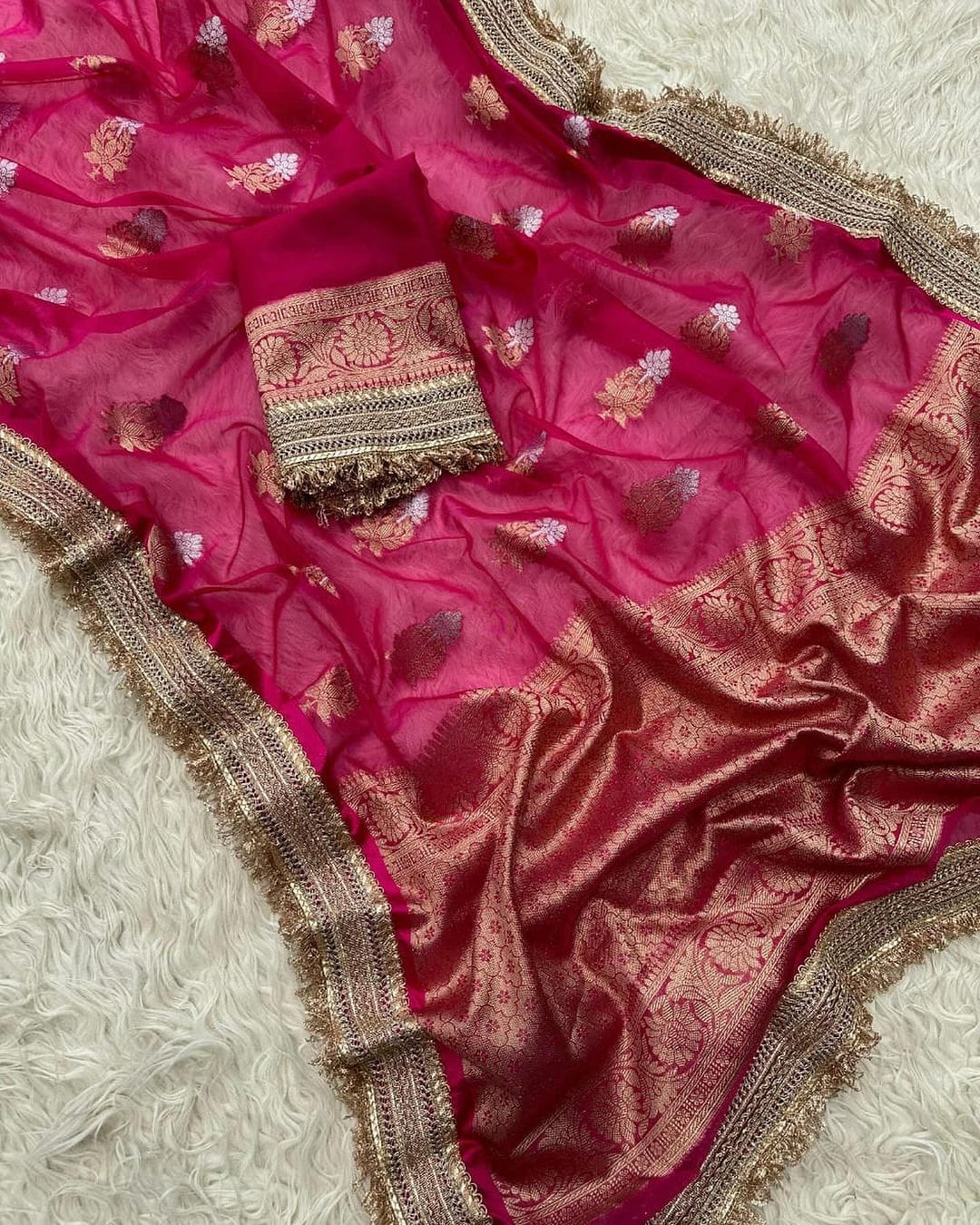 Alluring Pink Banarasi Kora Dybel Saree
