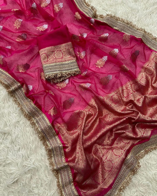 Alluring Pink Banarasi Kora Dybel Saree